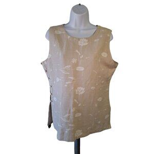 Silkland Sleeveless Top 12 Beige Floral Silk Linen Side Buttons Cottagecore